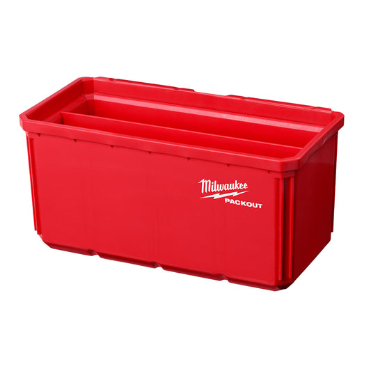 A red large bin with the Milwaukee PACKOUT logo, designed for storage and organization.