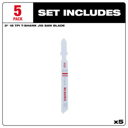 3" 18TPI T-Shank Metal Cutting Bi-Metal Jig Saw Blades (5 PK)