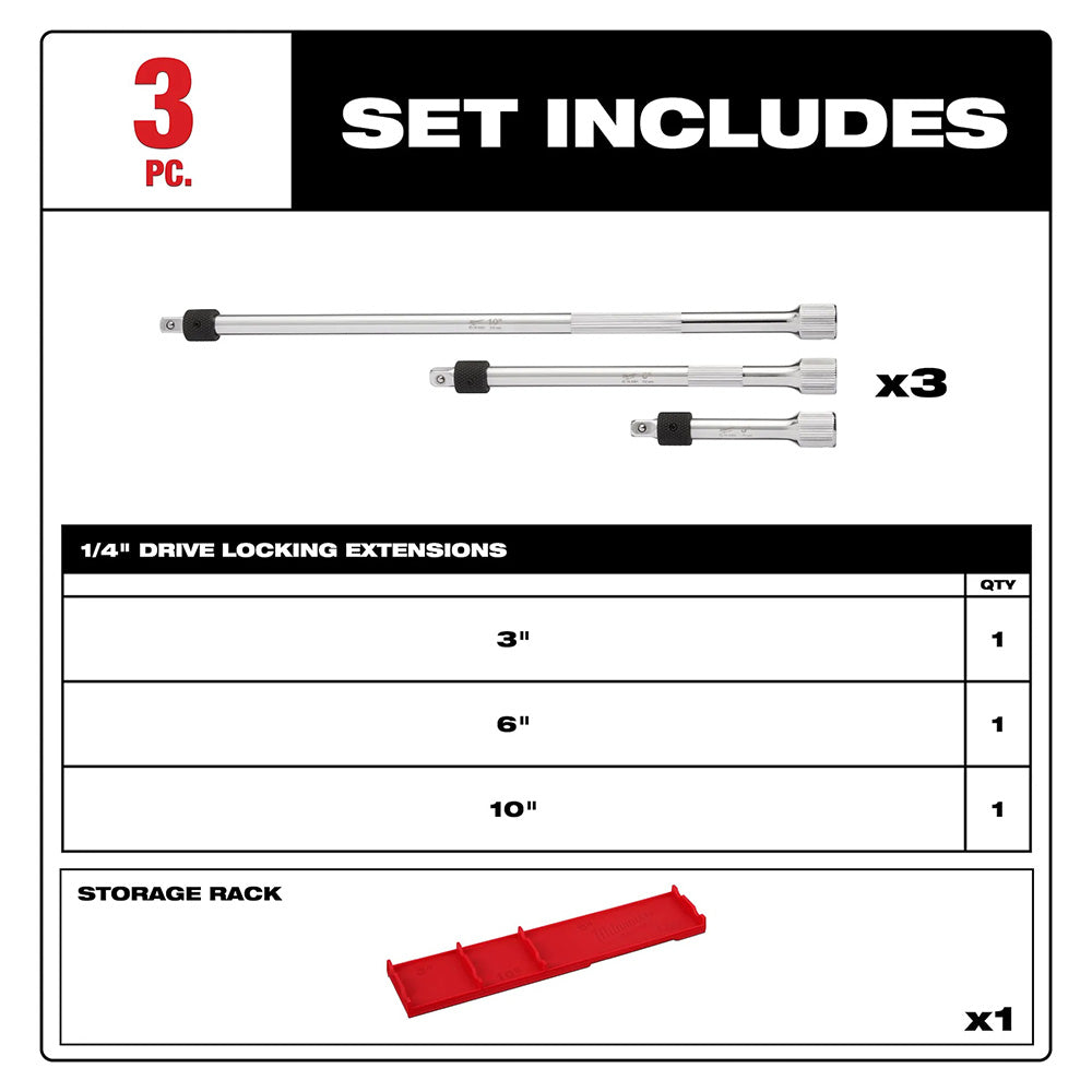 3pc 1/4” Drive Locking Extension Set