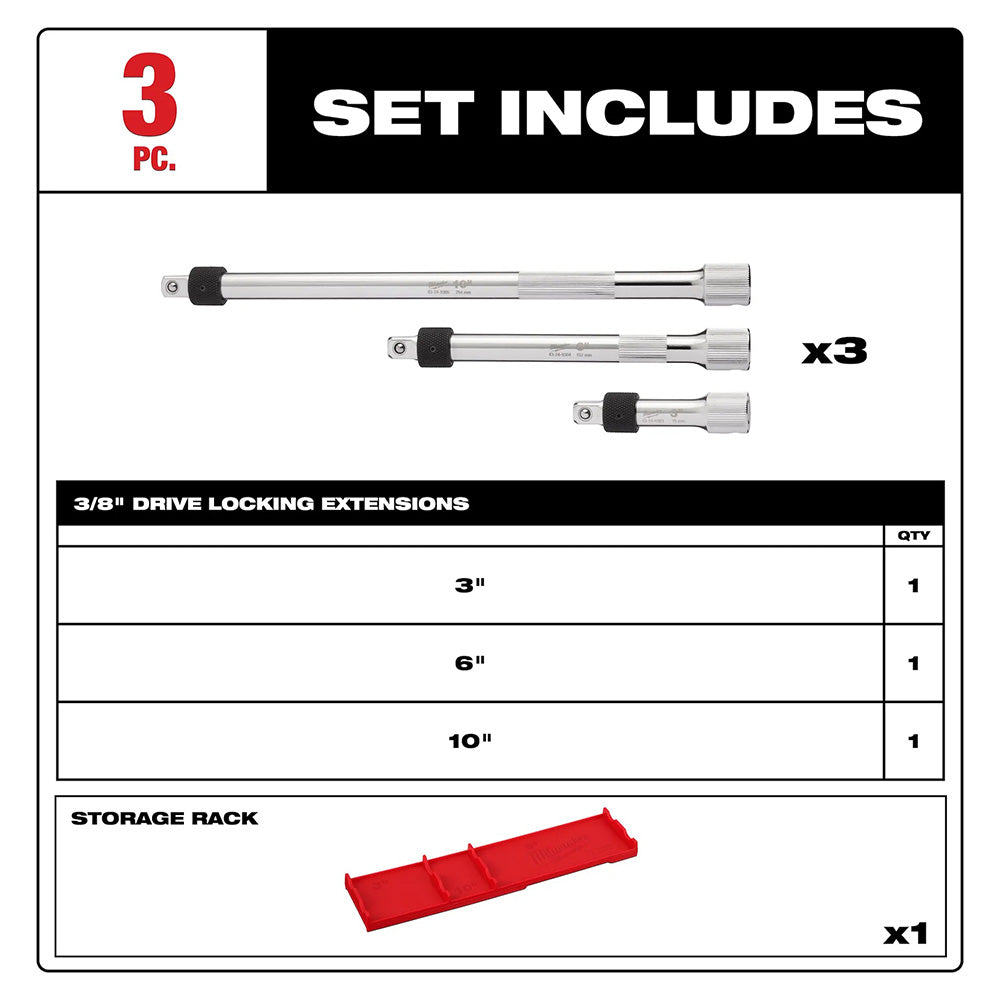 3pc 3/8” Drive Locking Extension Set