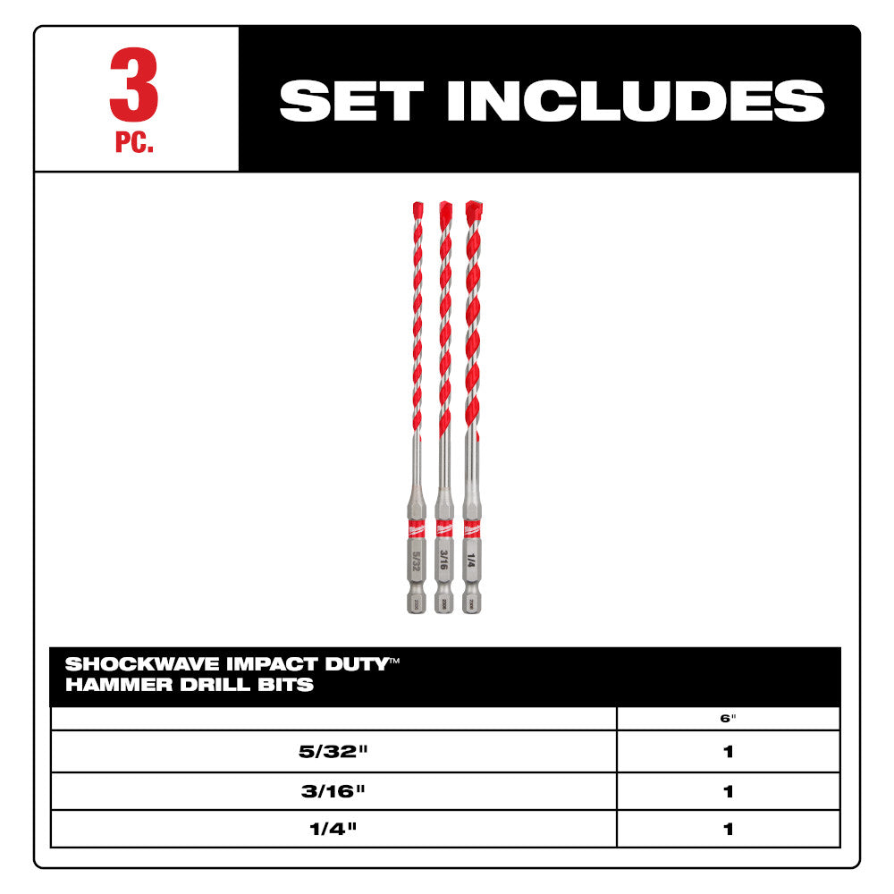 3PC. SHOCKWAVE™ Impact Duty Carbide Hammer Drill Bit Set