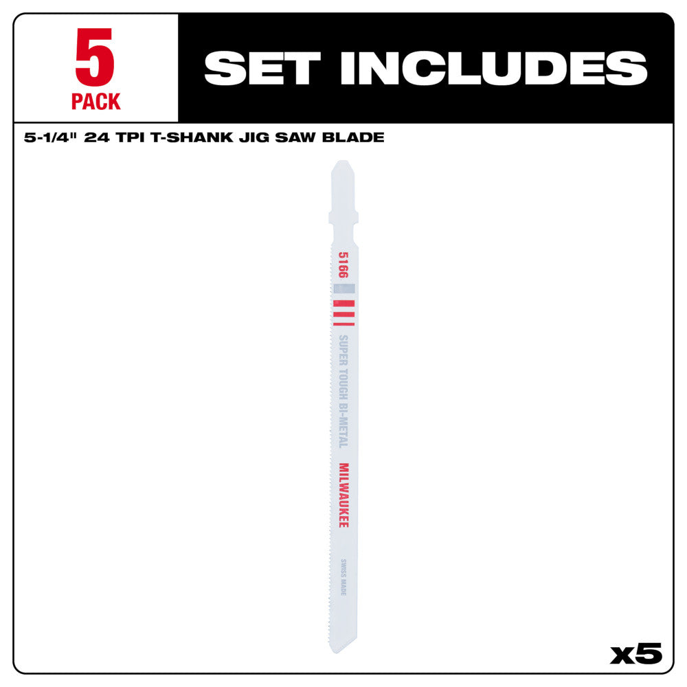 5-1/4" 24TPI T-Shank Metal Cutting Bi-Metal Jig Saw Blades (5 PK)