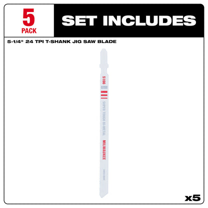 5-1/4" 24TPI T-Shank Metal Cutting Bi-Metal Jig Saw Blades (5 PK)