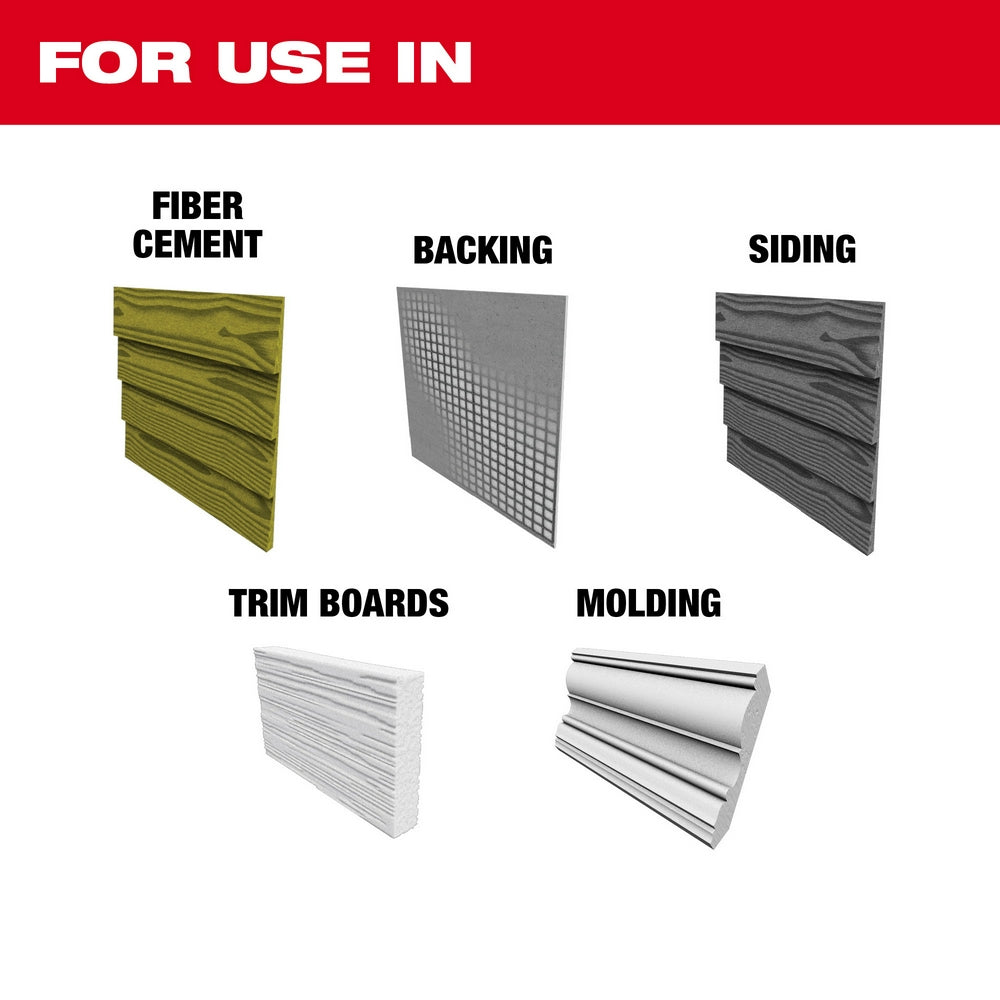 For use in Fiber Cement, Backing, Siding, Trim Boards, Molding