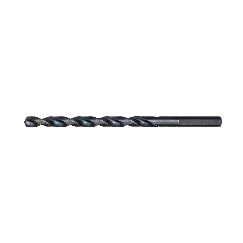 A black oxide jobber length drill bit with a parabolic flute and a precision start 135 split point tip.