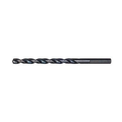 A black oxide jobber length drill bit with a parabolic flute and a precision start 135 split point tip.