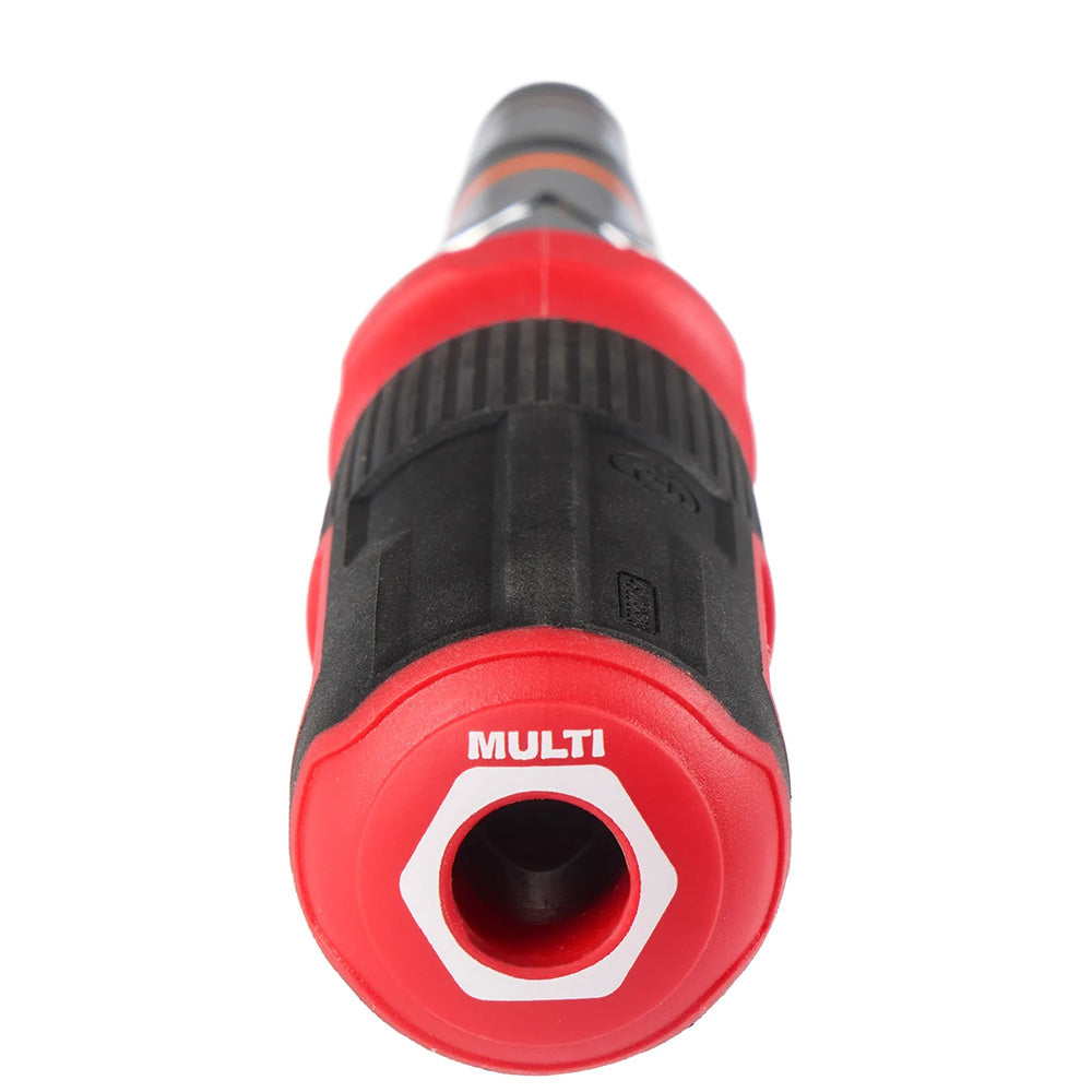 Red and black multi-tool attachment on a white background