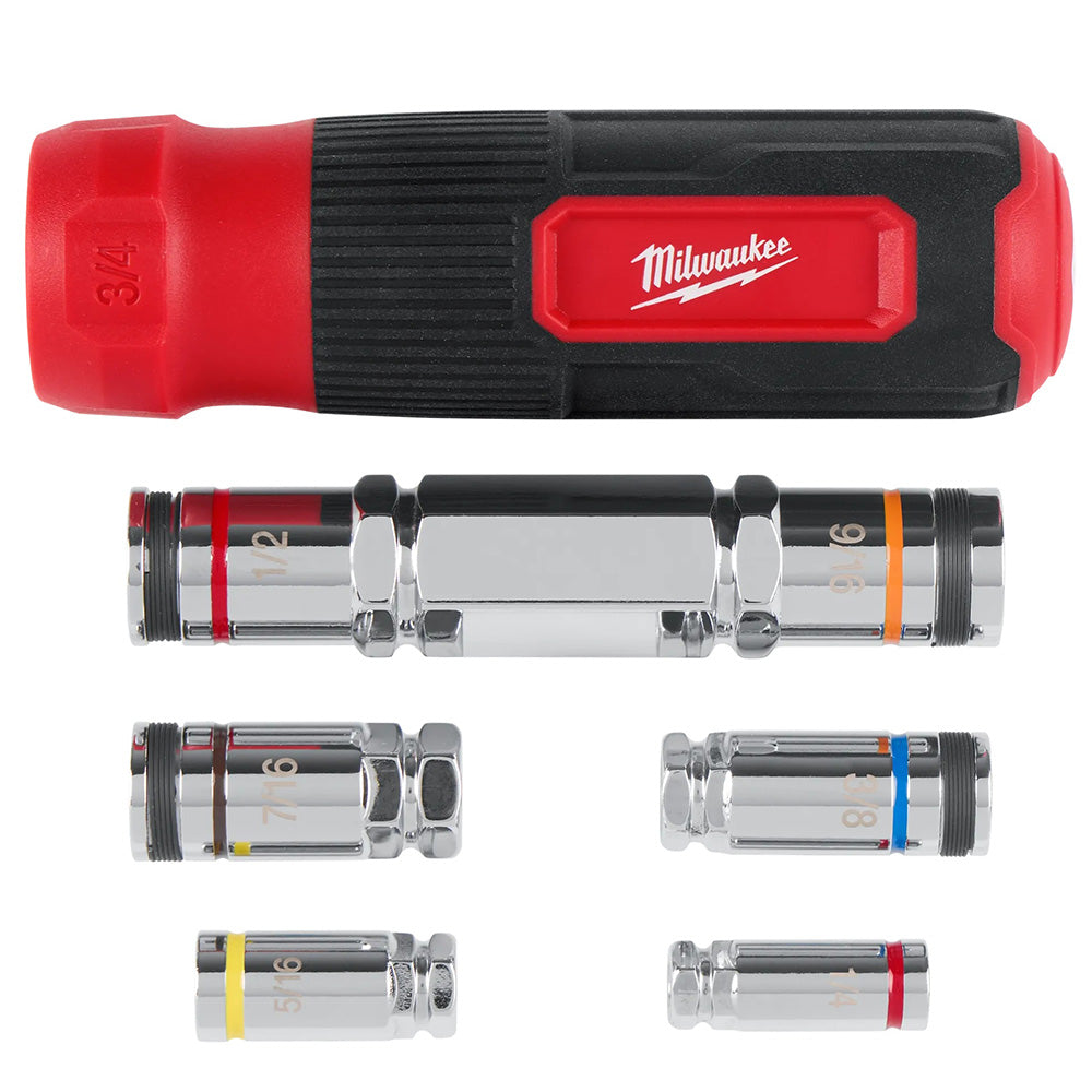 Milwaukee tool set with multiple sockets on a white background