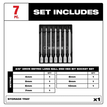7pc 3/8” Drive Long Ball End Hex Bit Socket Set - Metric