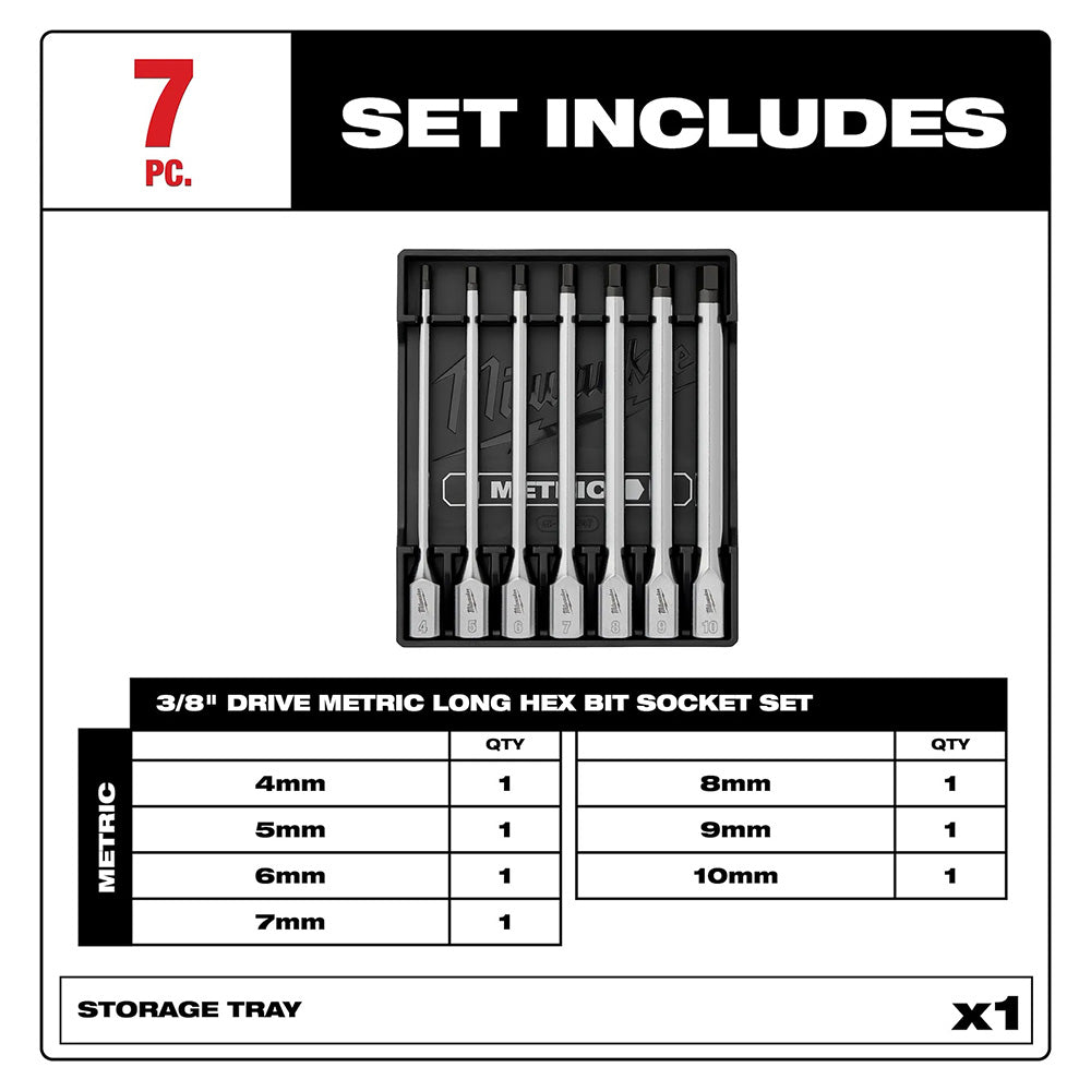 7-piece metric long hex bit socket set with storage tray on a white background