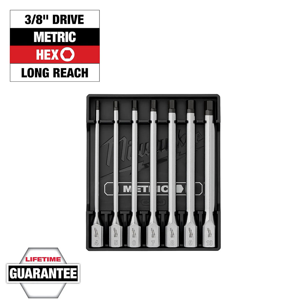 Set of metric hex bits with a black case on a white background, featuring '3/8" Drive' and 'Long Reach' text.