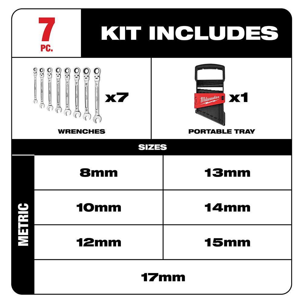 7pc Metric Flex Head Ratcheting Combination Wrench Set