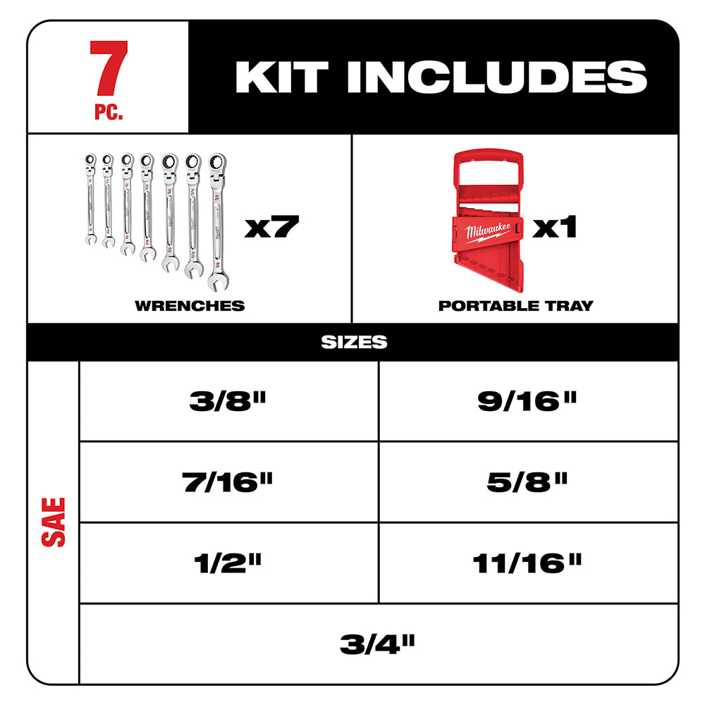 7pc SAE Flex Head Ratcheting Combination Wrench Set
