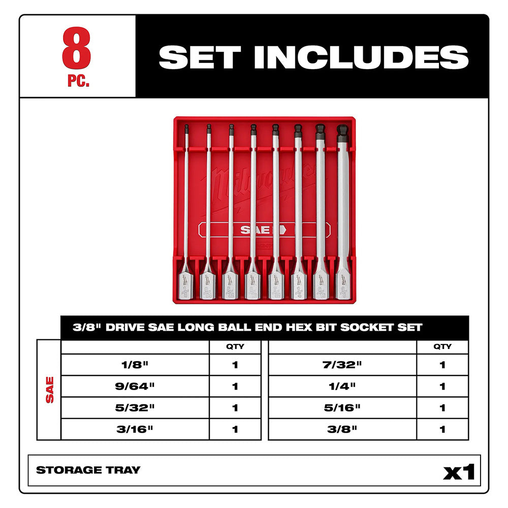 8pc 3/8” Drive Long Ball End Hex Bit Socket Set - SAE