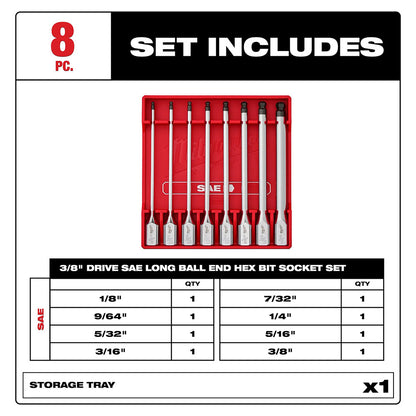 8pc 3/8” Drive Long Ball End Hex Bit Socket Set - SAE