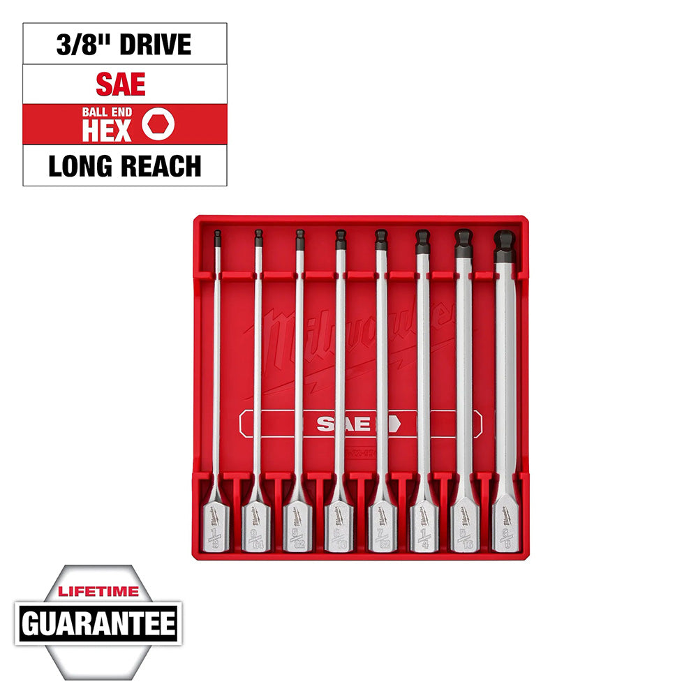 8pc 3/8” Drive Long Ball End Hex Bit Socket Set - SAE