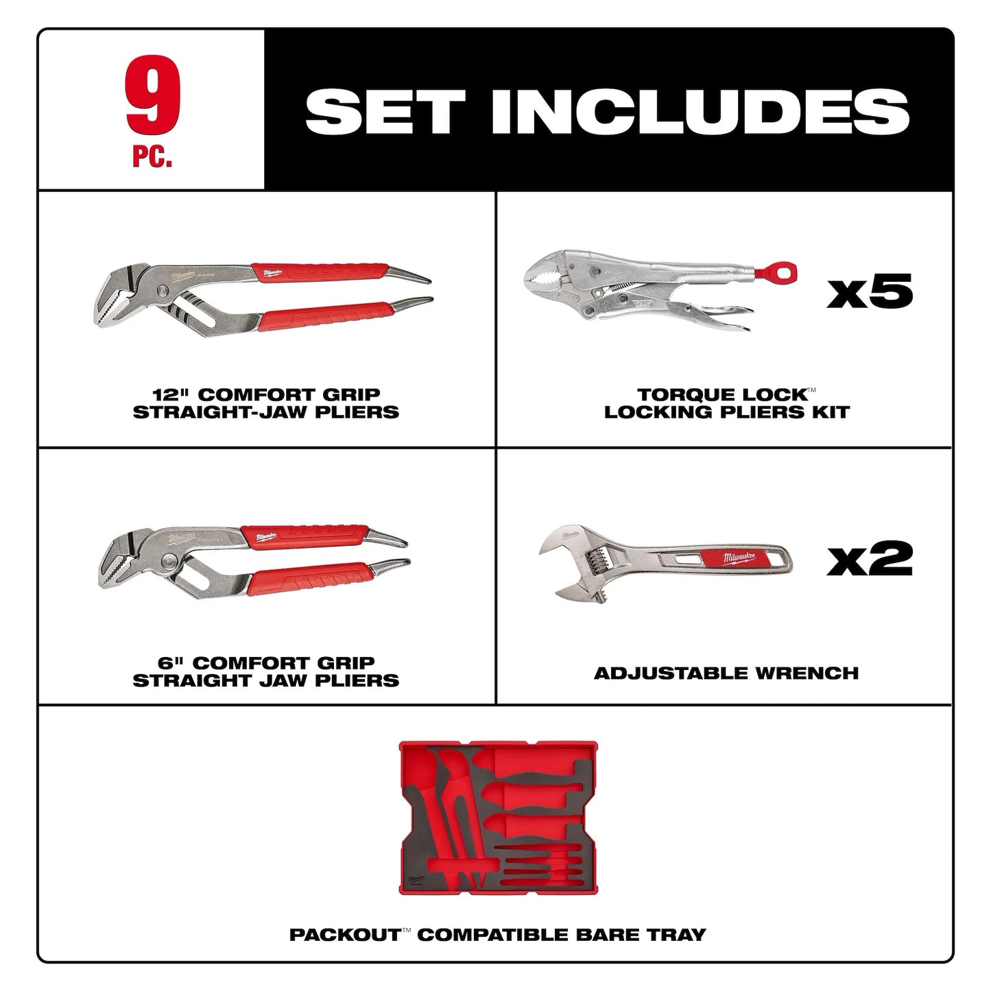 9-piece tool set with pliers and wrenches on a white background