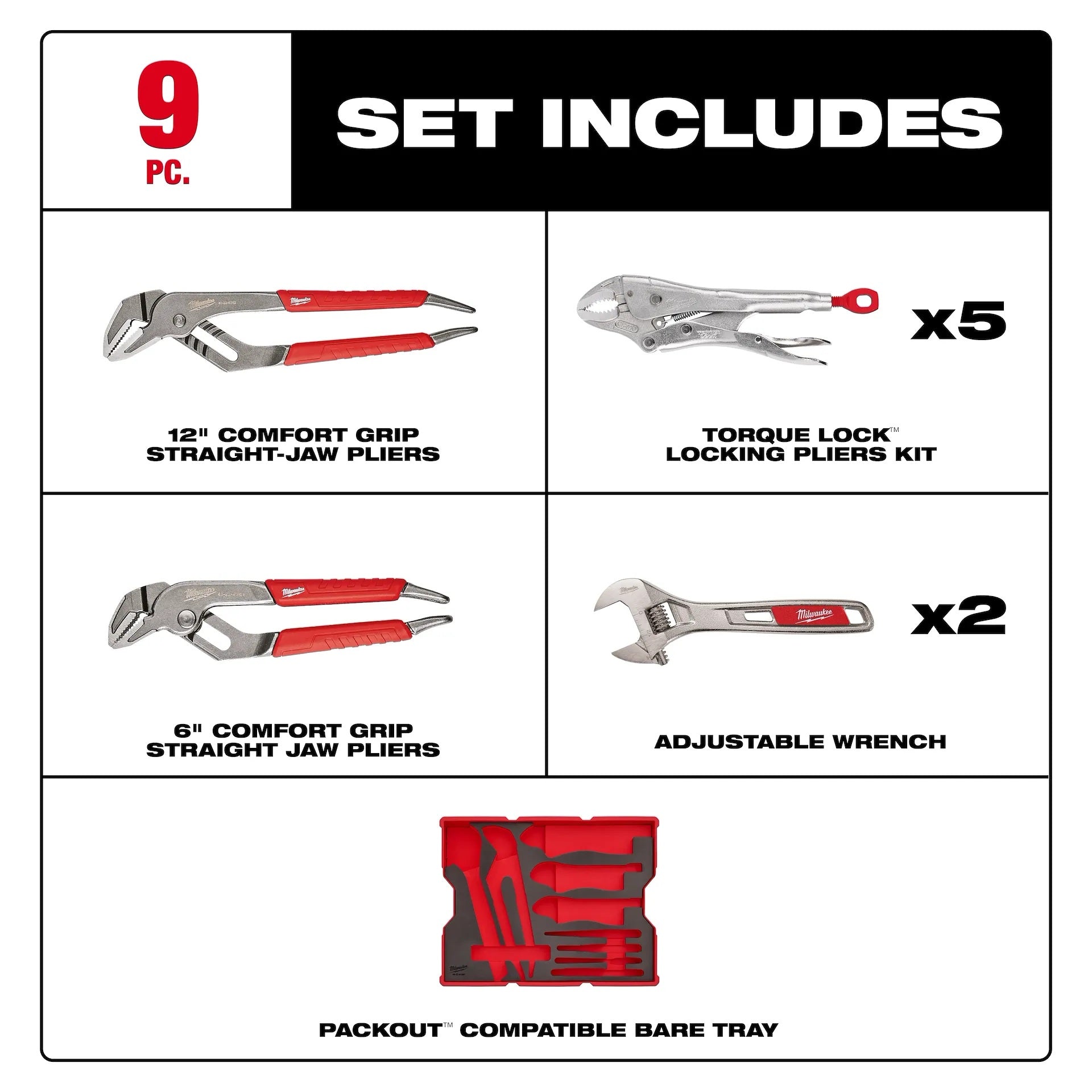 9-piece tool set with pliers and wrenches on a white background