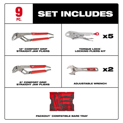 9-piece tool set with pliers and wrenches on a white background