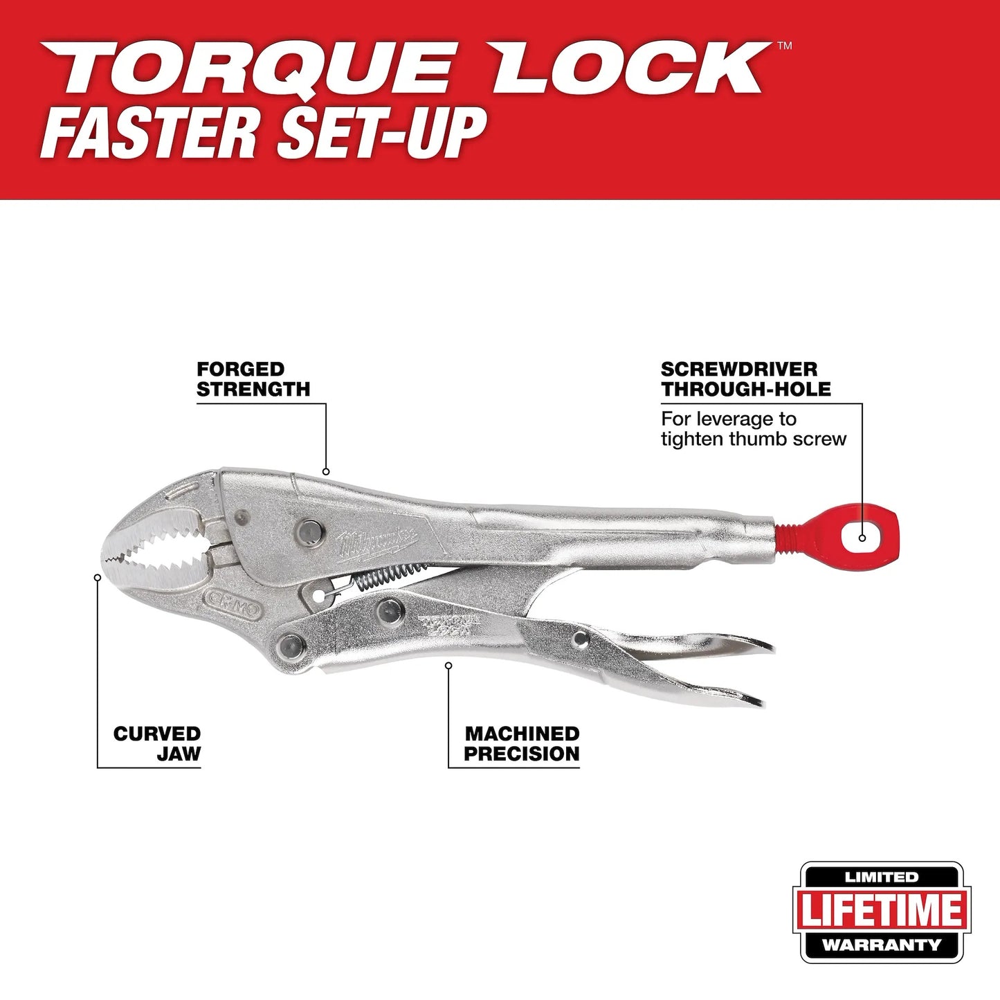 Locking pliers with features highlighted on a white background, branded 'Torque Lock'.