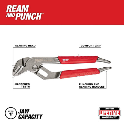 Milwaukee pliers with labeled features on a white background