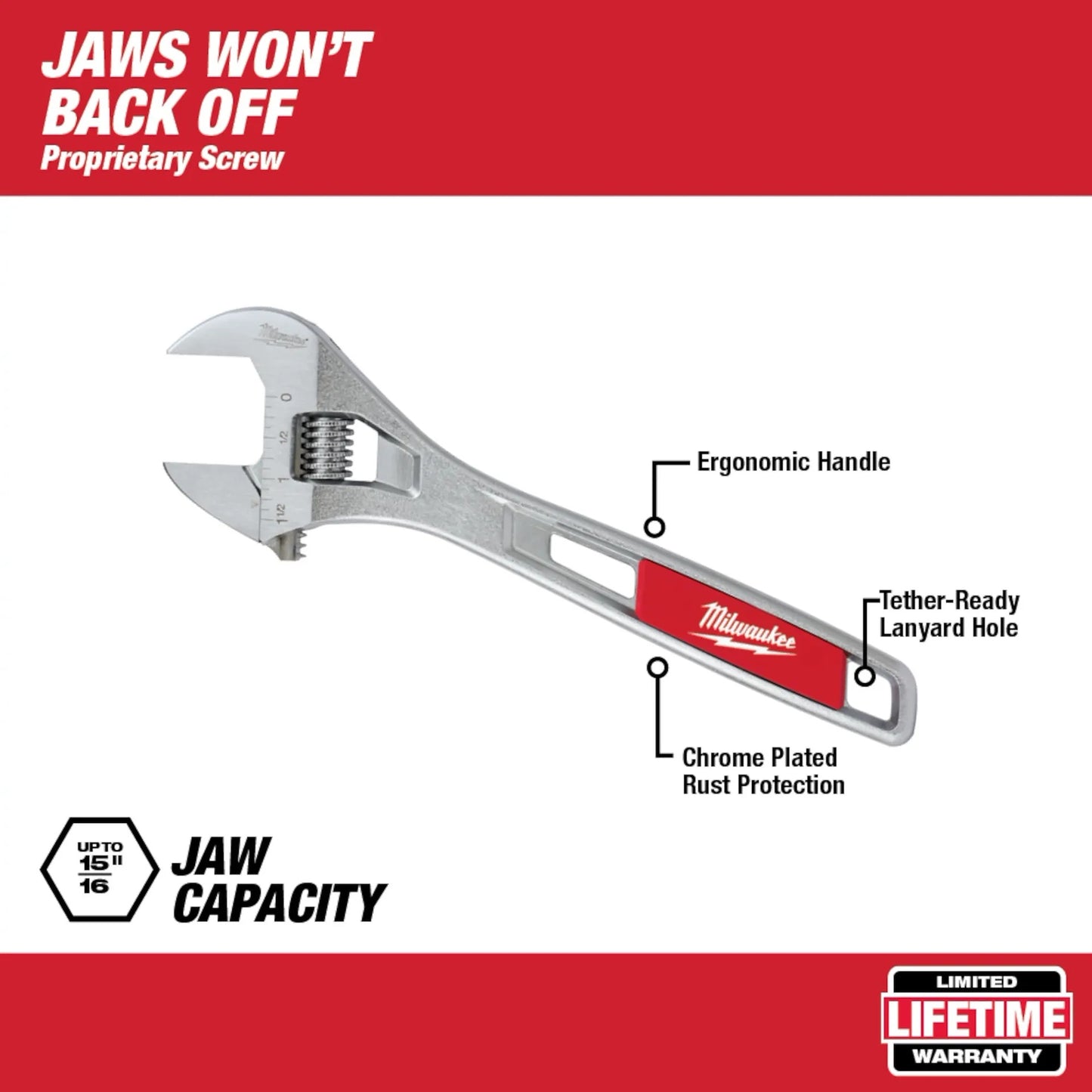 Milwaukee adjustable wrench with features highlighted on a red and white background