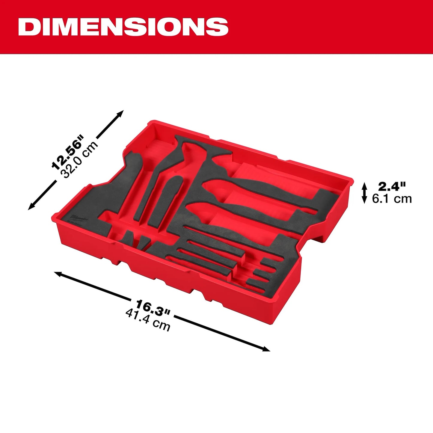 Red tool tray with black tools and dimensions labeled on a white background