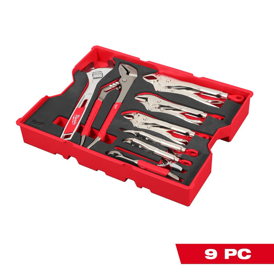 Set of pliers in a red tool box on a white background