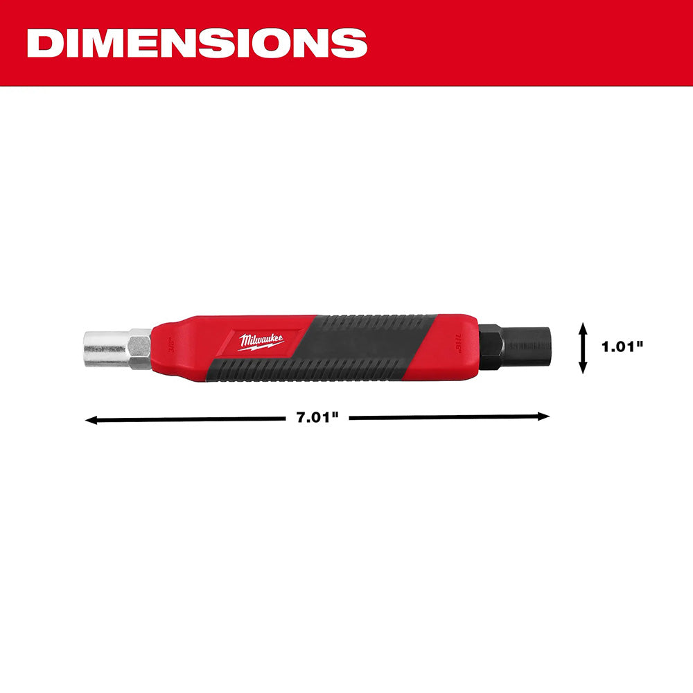 Milwaukee tool with dimensions labeled on a white background