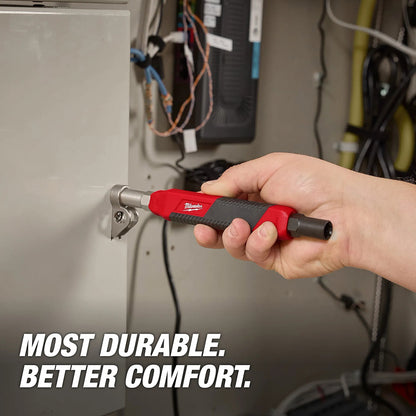 Person using a Milwaukee tool on a metal surface with text 'MOST DURABLE. BETTER COMFORT.
