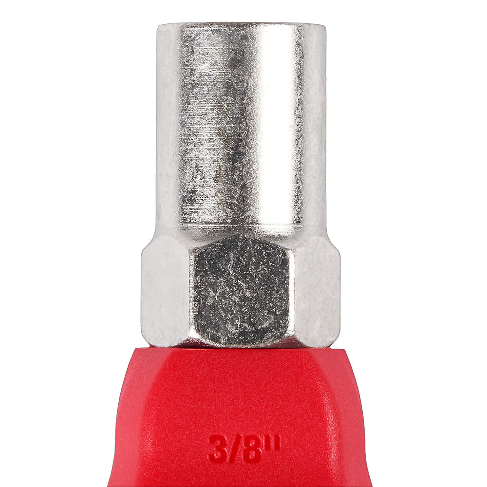 Metal drill bit with red base and '3/8"' marking on a white background