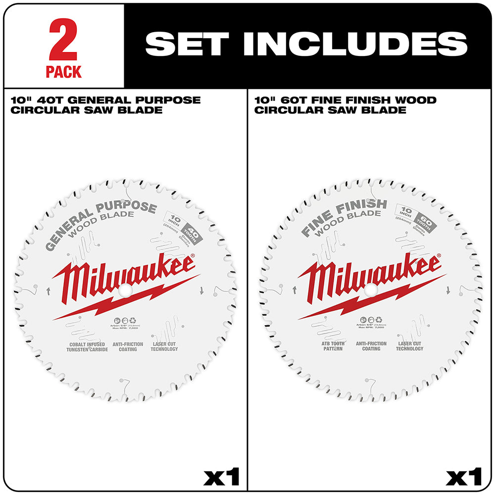 Circular Saw Two-Pack Wood Cutting Blades 10" 40T + 60T