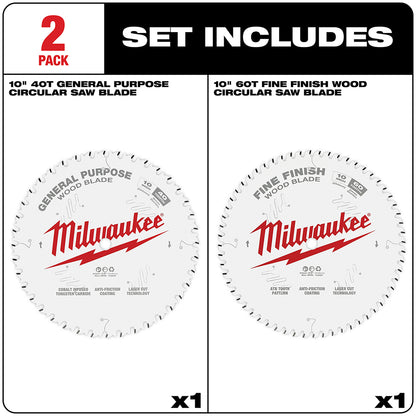 Circular Saw Two-Pack Wood Cutting Blades 10" 40T + 60T