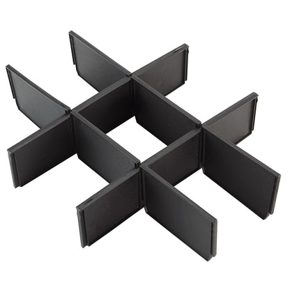 A set of black drawer dividers arranged in a 3x3 grid pattern, with two long dividers and six small dividers, designed for use with a tool storage system.