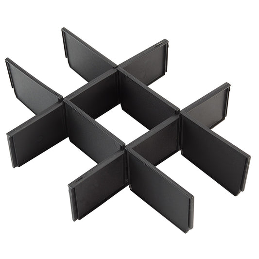A set of black drawer dividers arranged in a 3x3 grid pattern, with two long dividers and six small dividers, designed for use with a tool storage system.
