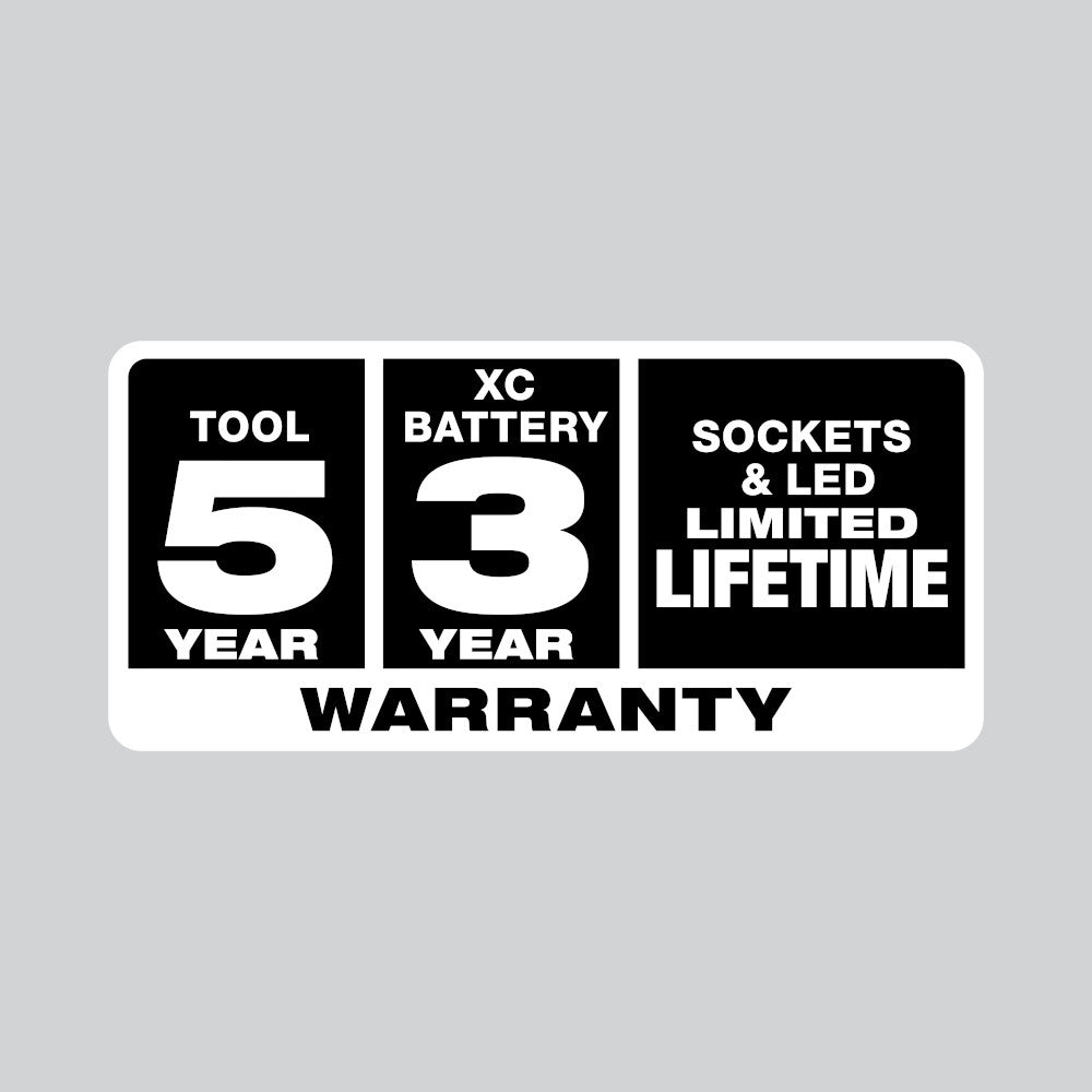 Tool 5 Year, XC Battery 3 Year, Sockets & LED Limited Lifetime