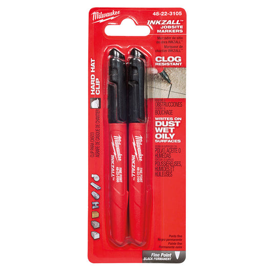 Two fine point black markers packaged in a red cardboard sleeve with product information.