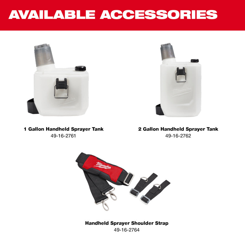 Available Accessories: 1 and 2 Gallon Handheld Sprayer Tank, Handheld Sprayer Shoulder Strap #49-16-2764