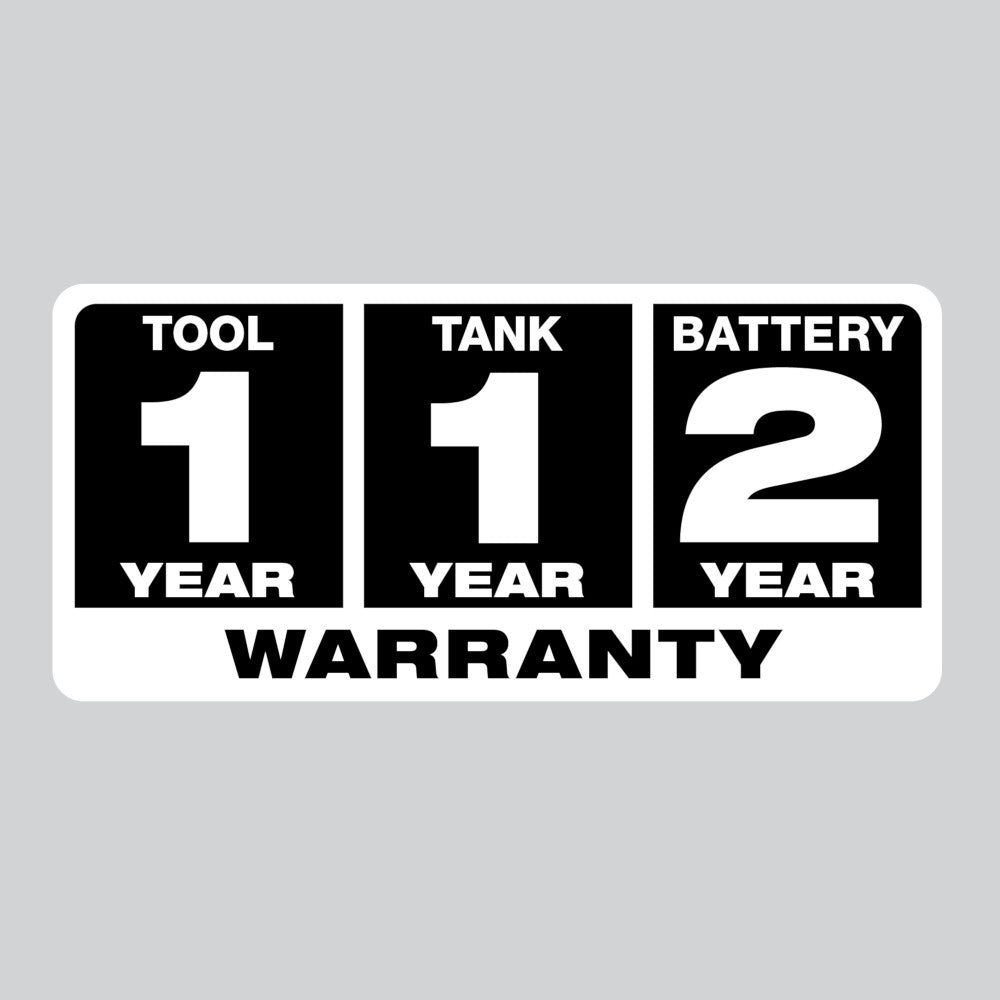 Tool 1 Year Warranty, Tank 1 Year Warranty, Battery 2 Year Warranty