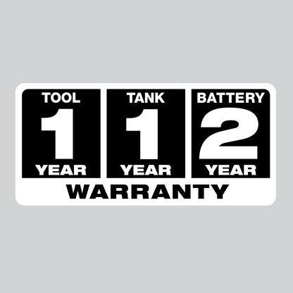 Tool 1 Year Warranty, Tank 1 Year Warranty, Battery 2 Year Warranty