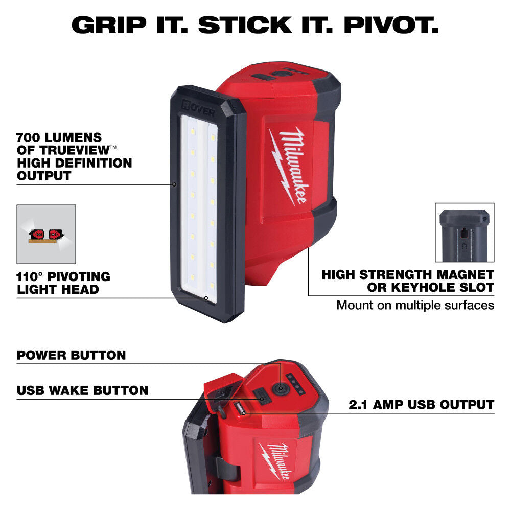 Milwaukee tool light with features highlighted on a white background