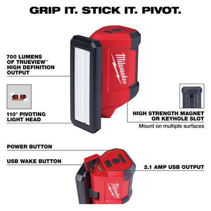 Milwaukee tool light with features highlighted on a white background