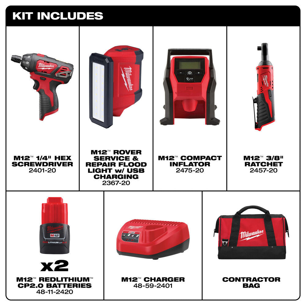 Milwaukee tool kit with various tools and accessories on a white background