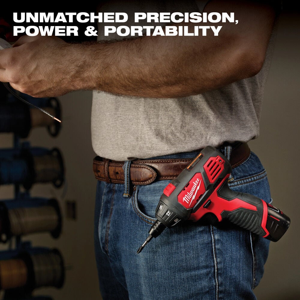 Person holding a Milwaukee drill with text 'Unmatched Precision, Power & Portability' in a workshop setting.
