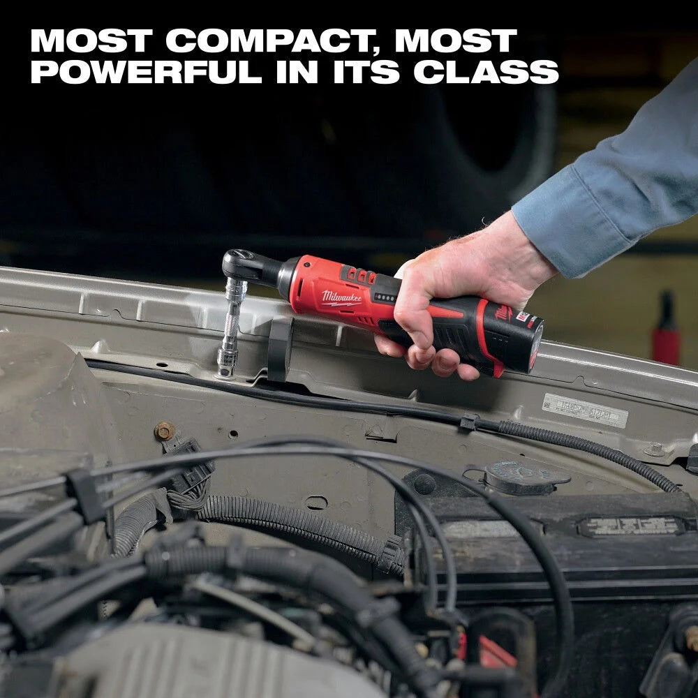Person using a Milwaukee tool on a car engine with text 'Most compact, most powerful in its class'.