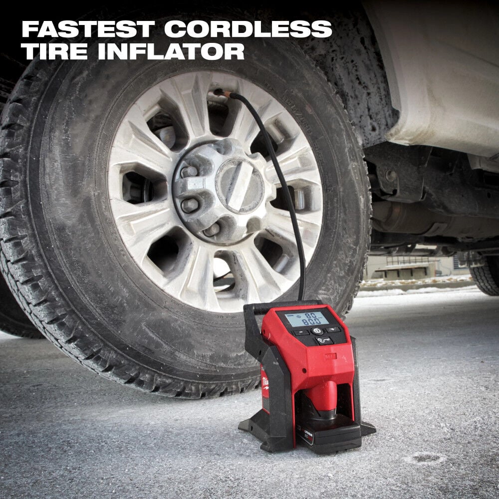 Red cordless tire inflator being used on a car tire with text 'Fastest Cordless Tire Inflator'.
