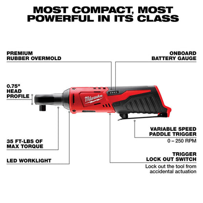 Red Milwaukee tool with features highlighted on a white background