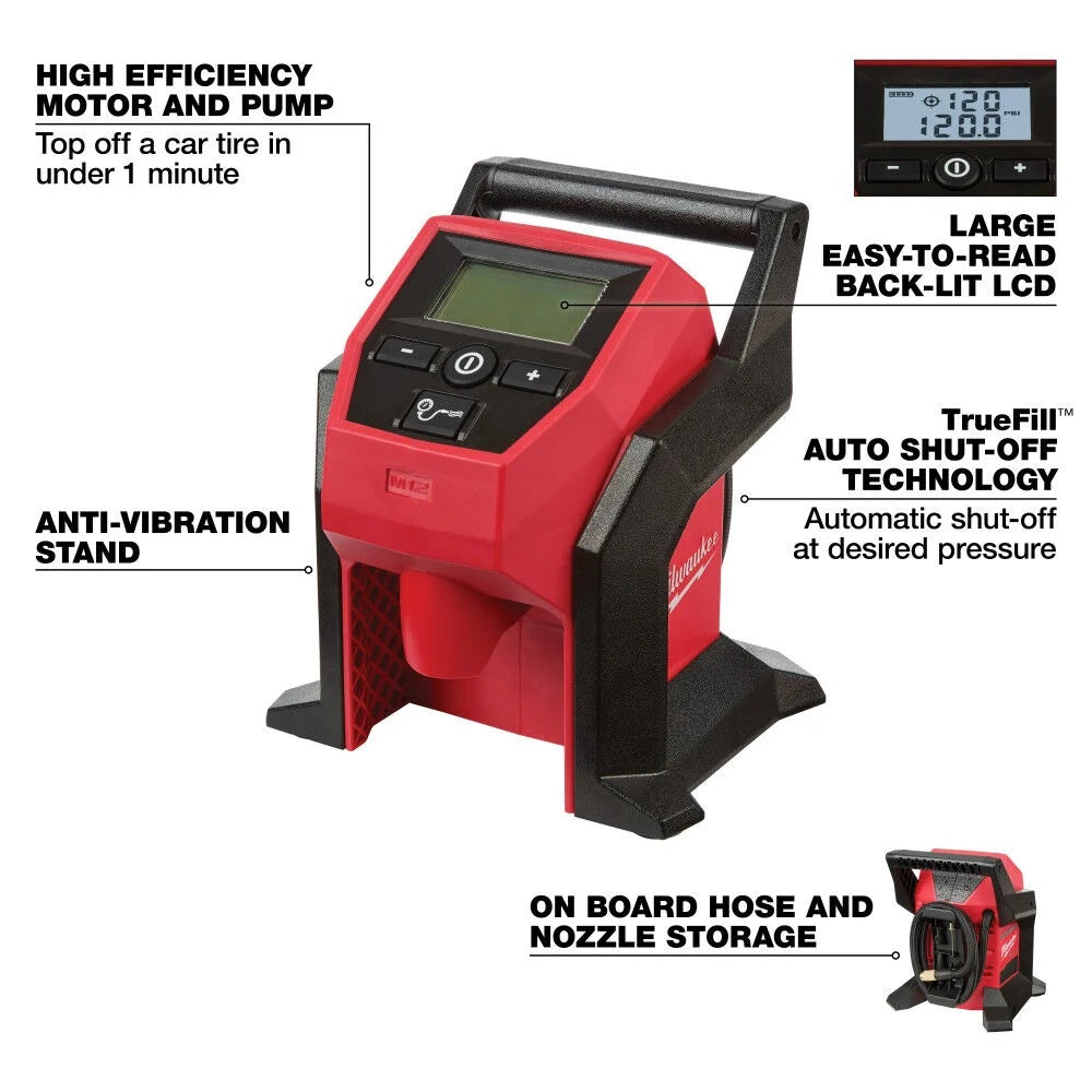 Red and black tire inflator with features highlighted on a white background