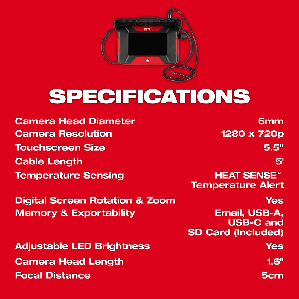 Product specifications on a red background with a camera image at the top.