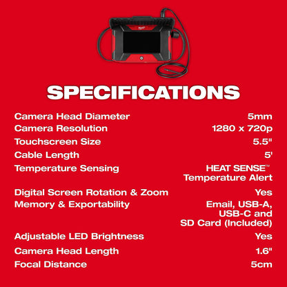 Product specifications on a red background with a camera image at the top.